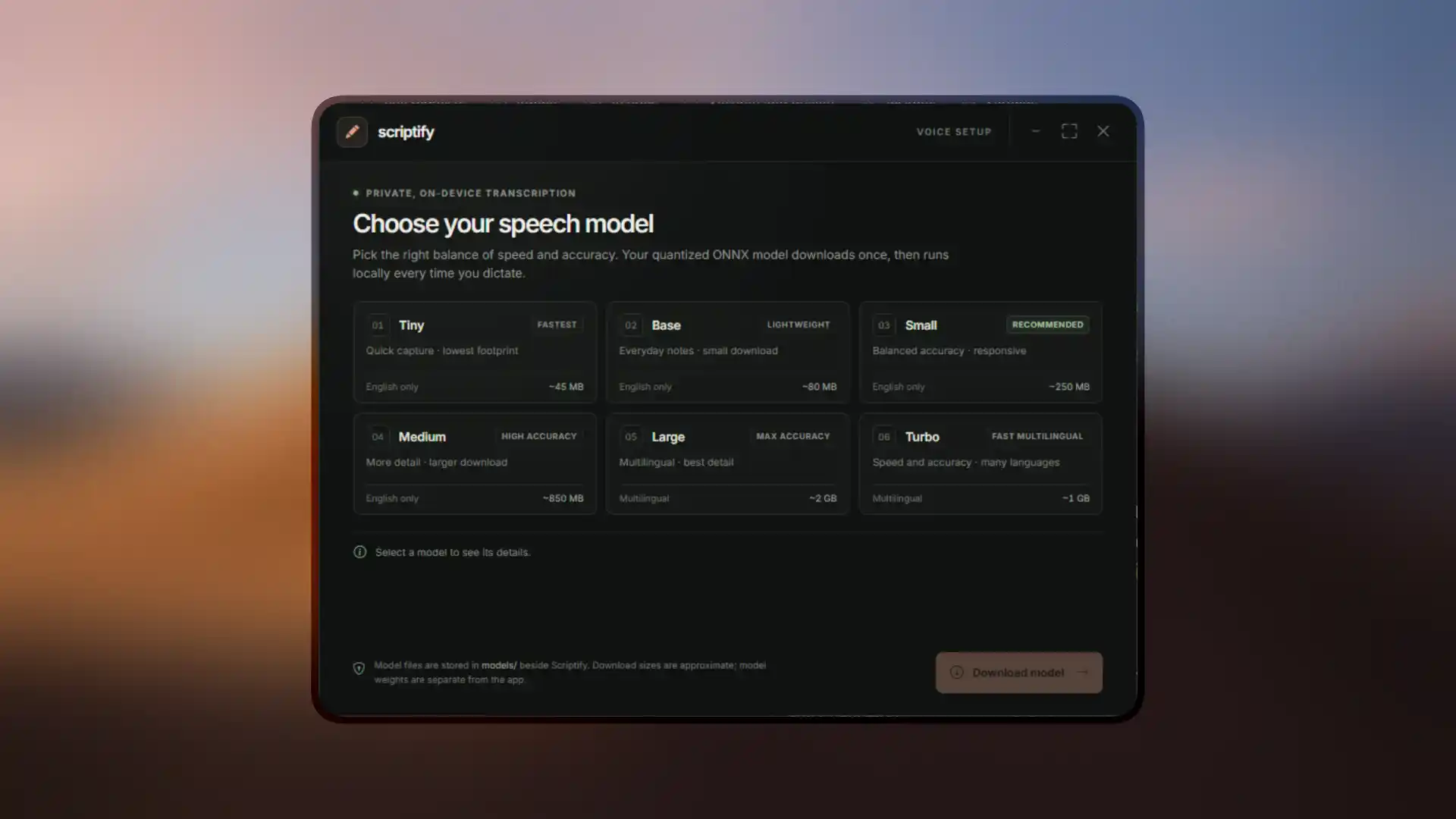 Scriptify v1.2.1 speech model selection window