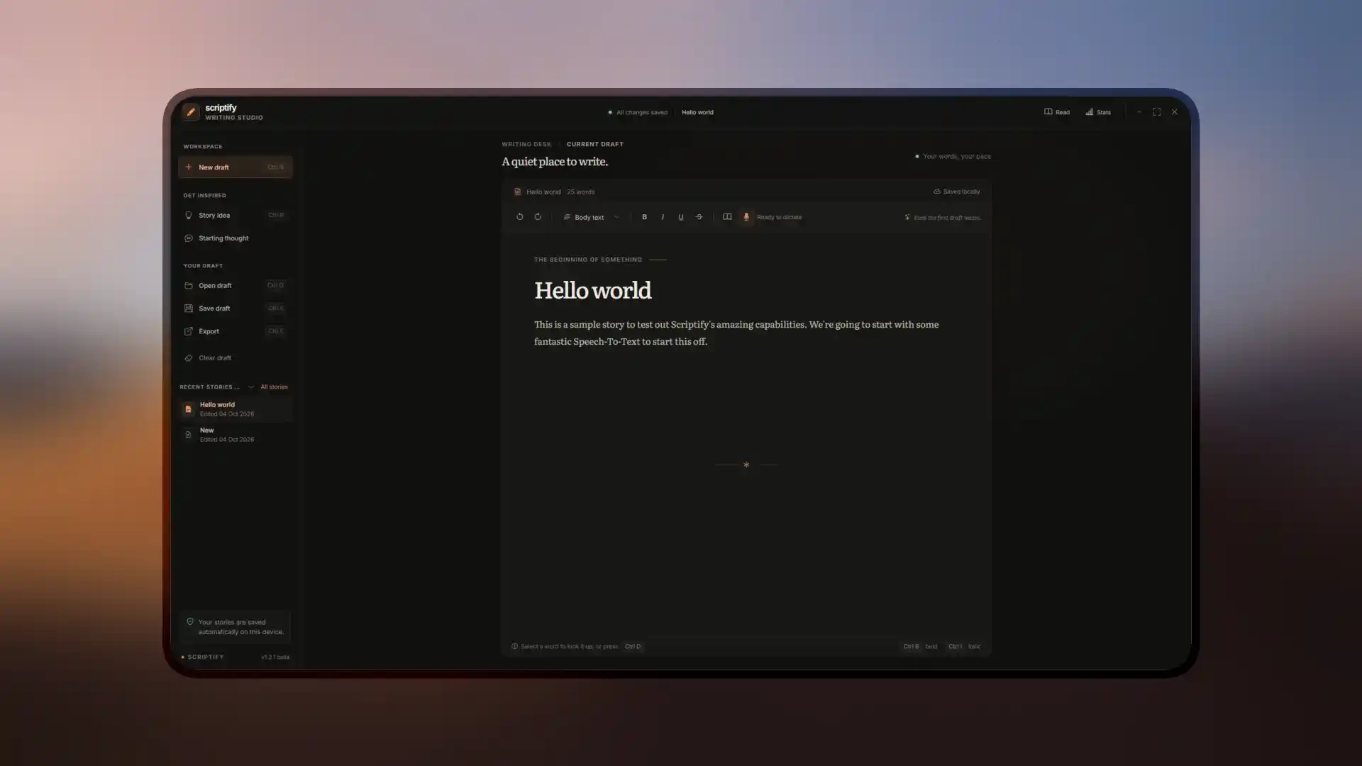 Scriptify v1.2.1 writing studio with the autosaved story library