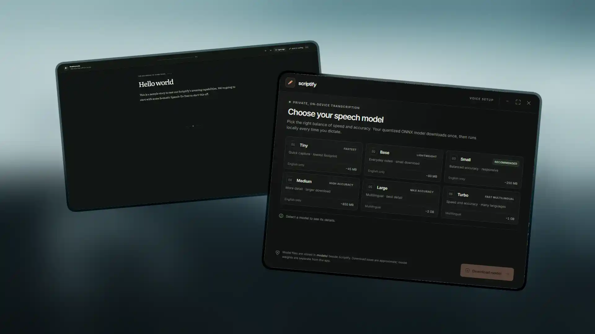 Scriptify v1.2.1 writing studio and voice setup windows side by side