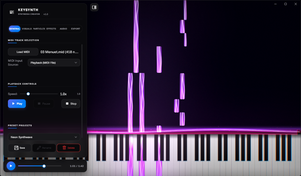 KeySynth Studio user interface showing midi visualizer playback controls