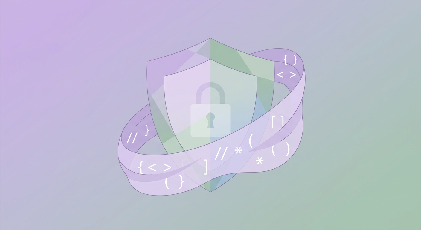 Abstract illustration of a shield wrapped around code brackets