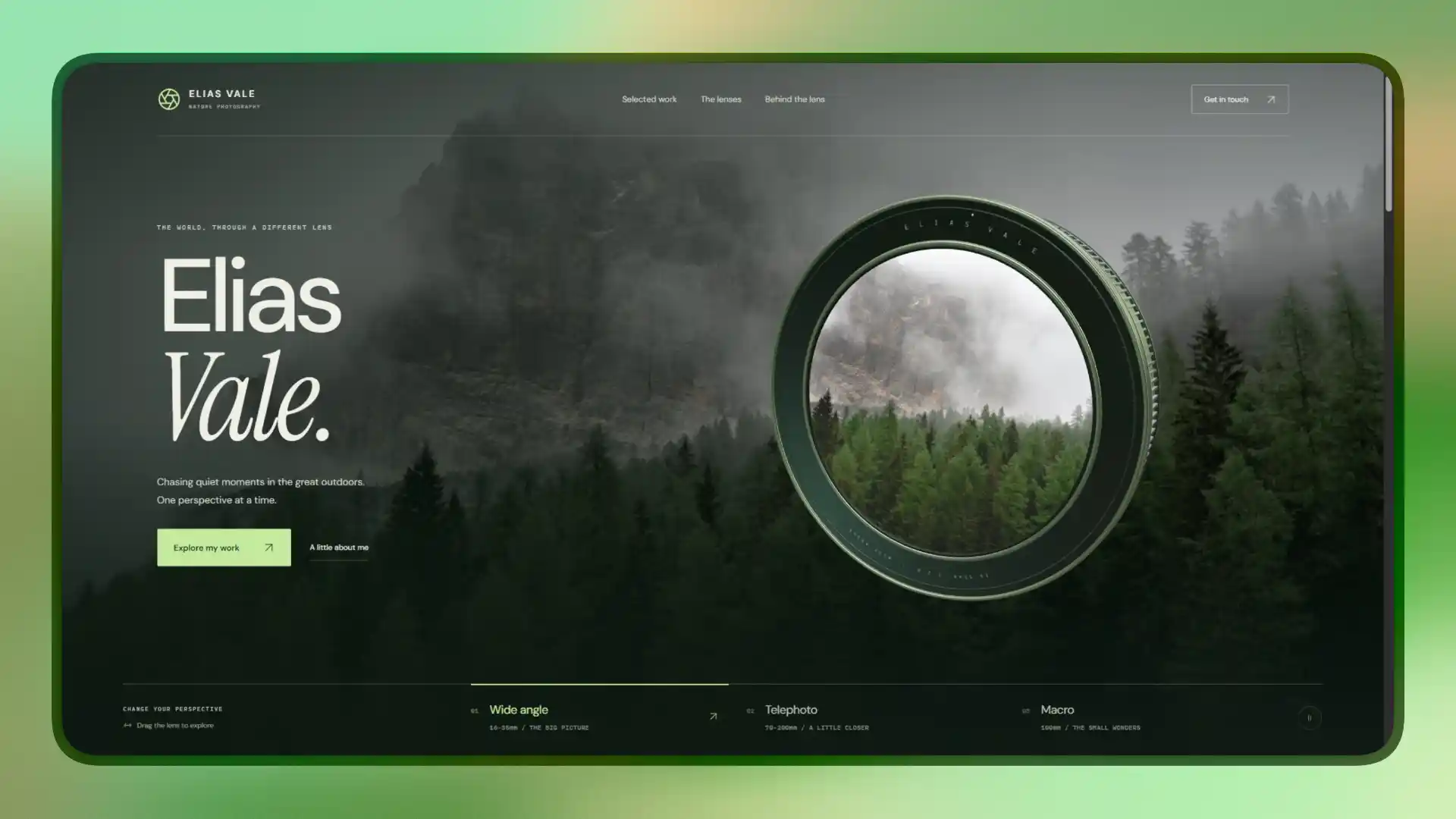Elias Vale nature photography portfolio with an interactive lens