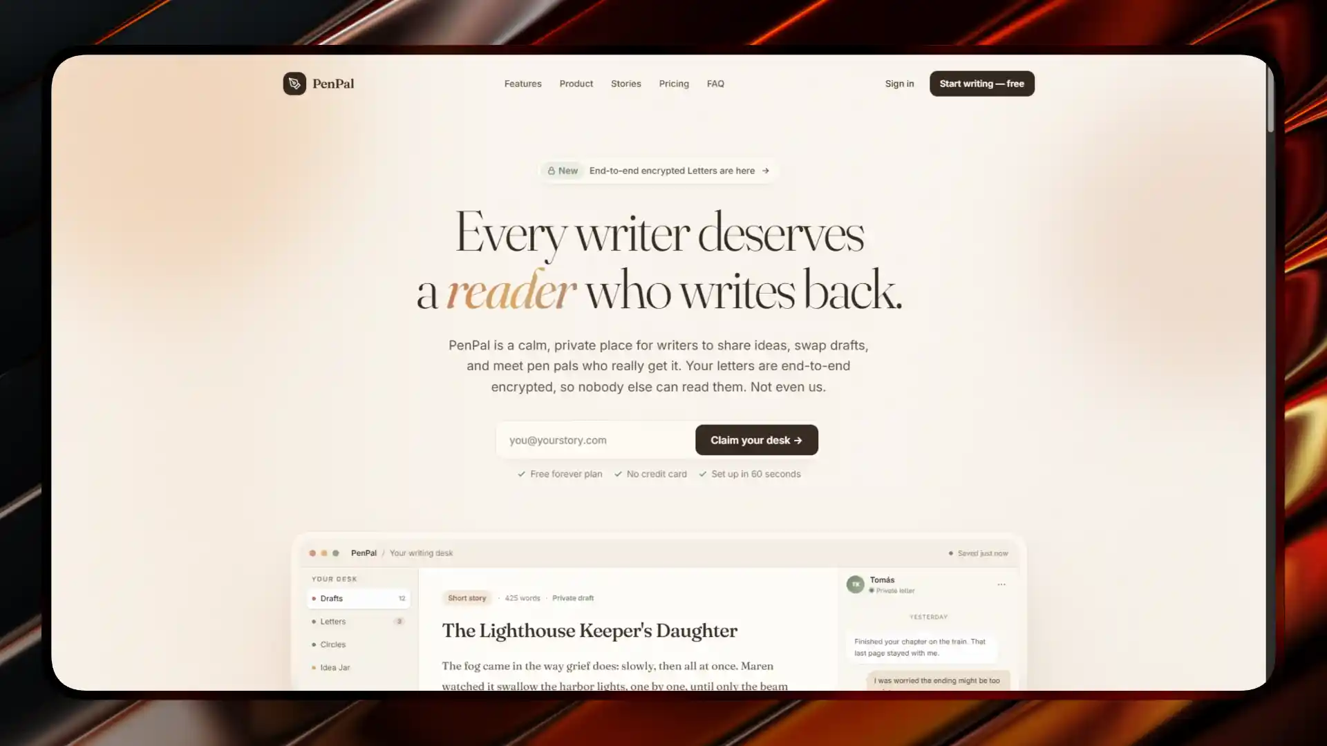 PenPal private writing community landing page
