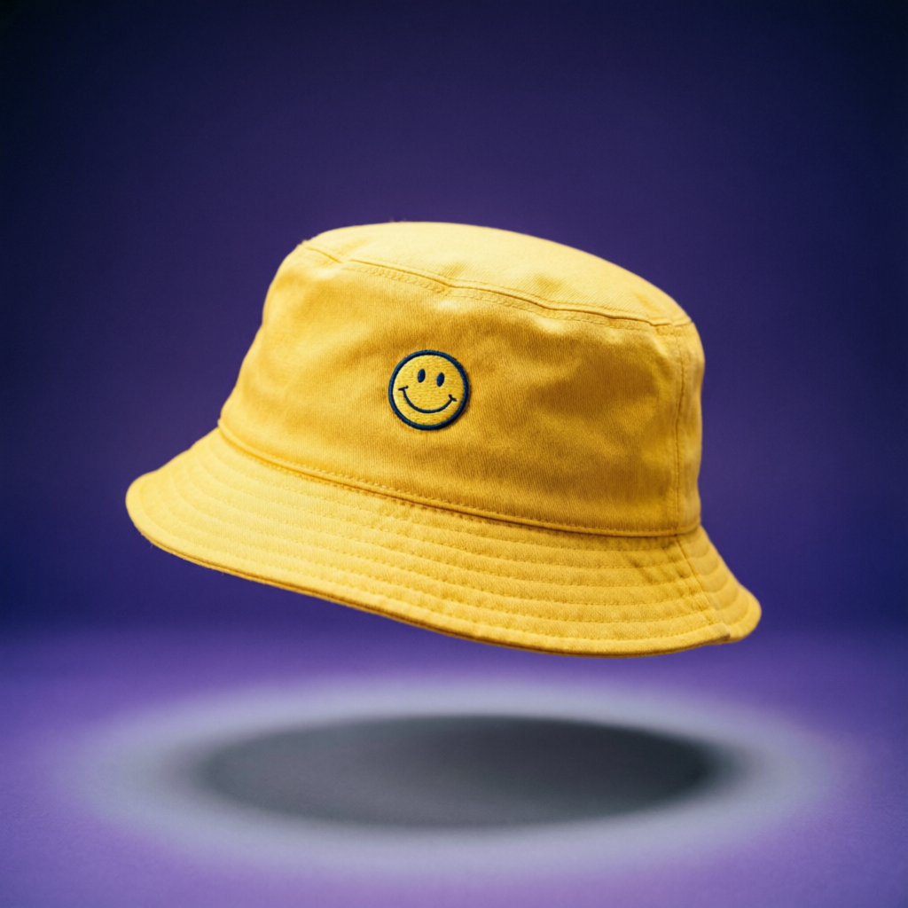 Yellow bucket hat with smiley patch