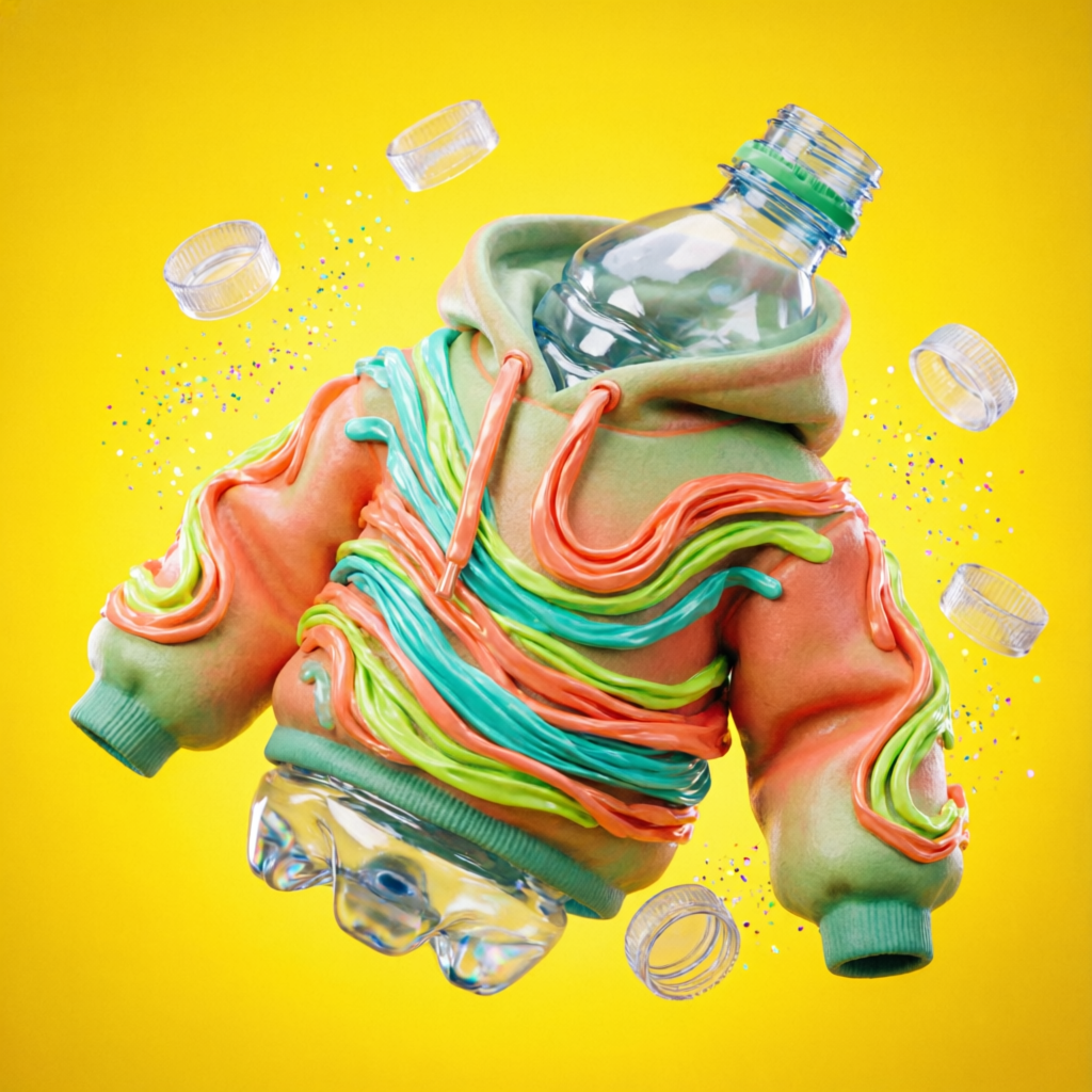 A plastic bottle transforming into a colorful hoodie