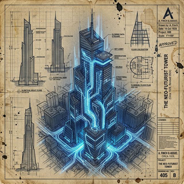 Grand architectural structure with digital overlays