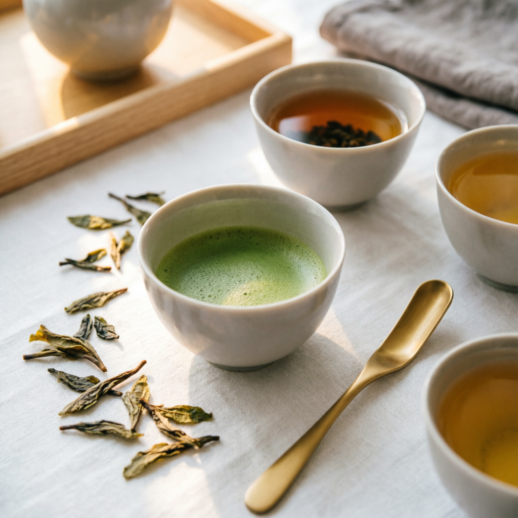 Elegant tea ceremony with many teas